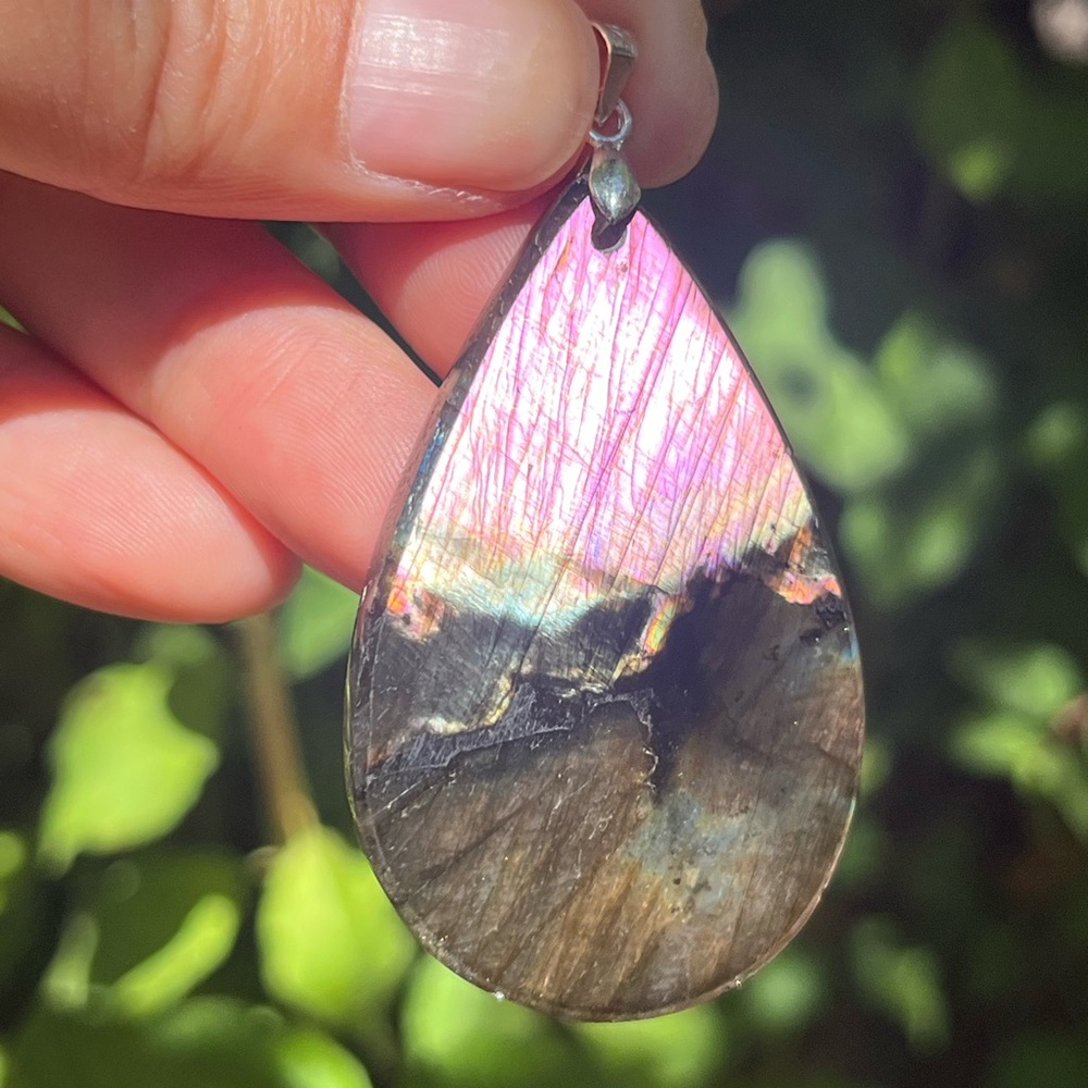 Sterling silver large mysterious purple orange blue flash labradorite pendant